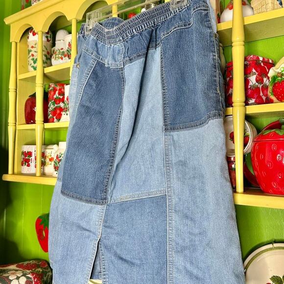 Vintage y2k Blair dark & light blue denim patchwork midi skirt - Picture 4 of 8